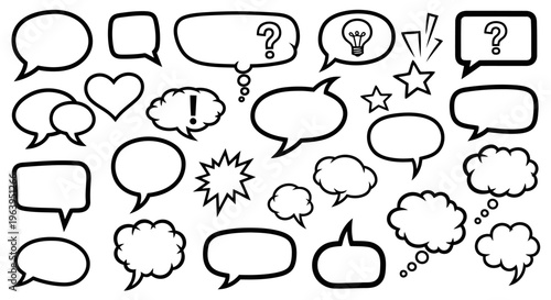 Black and white comic speech bubbles and thought clouds