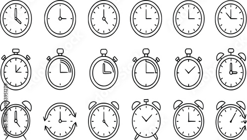 Black outline clock and time icons set vector with timer and arrow symbols on white background