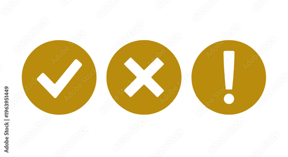 Obraz premium Green checkmark, red cross, and yellow exclamation icons