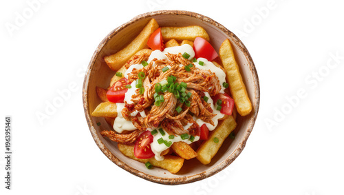 Quadro em tela Delicious loaded fries with pulled chicken, creamy sauce, fresh tomatoes, and gr