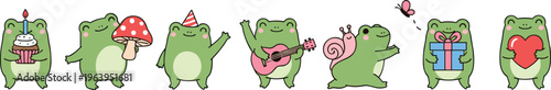 Cute Frog Character Set with Fun Activities Playing Guitar Holding Gift Mushroom Snail and Heart Cartoon Amphibian Mascot Vector Illustration Collection