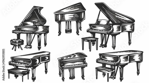 Collection of sketched pianos with stools, in black and white, various styles and perspectives