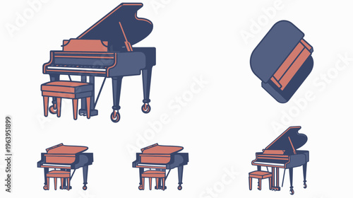 Illustrated grand piano ensemble in varying sizes and orientations, on a white backdrop