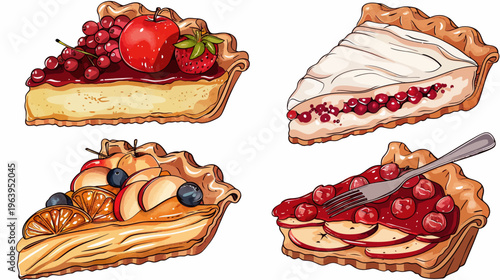 Whimsical illustration of four slices of pie with various fruit toppings, on a white background