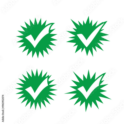 Green checkmark icons with spiky burst design elements