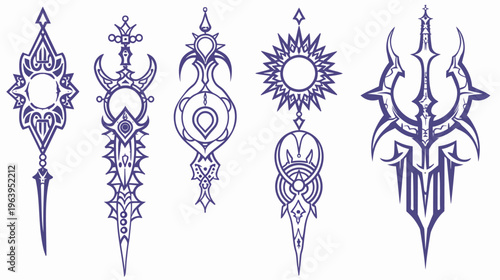 Five violet ornate, symmetrical, fantasy pendants or emblems on a white background, stylized