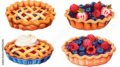 Four cartoon berry pies lattice crust, mixed berries, cream, blueberry-raspberry combo