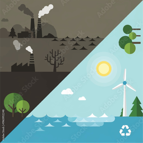 A split scene depicts a polluted industrial landscape on one side and a clean environment with renewable energy on the other.
