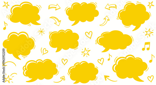 Yellow cartoon speech bubbles with music and heart icons