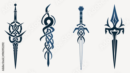Four unique, stylized dark blue swords with intricate knotwork details