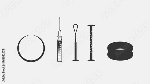 Illustration of medical/surgical tools incomplete circle, syringe,  loop, threaded rod, doughnuts
