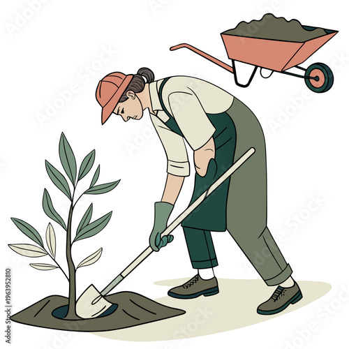 Woman planting tree with shovel and wheelbarrow
