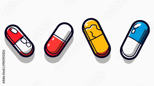 Colorful stylized pill capsules, red, yellow, blue on white. Shading
