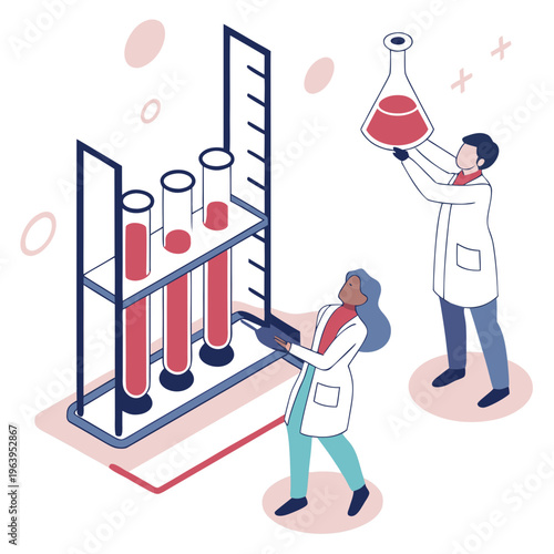 Scientists working with test tubes and flasks in laboratory setting