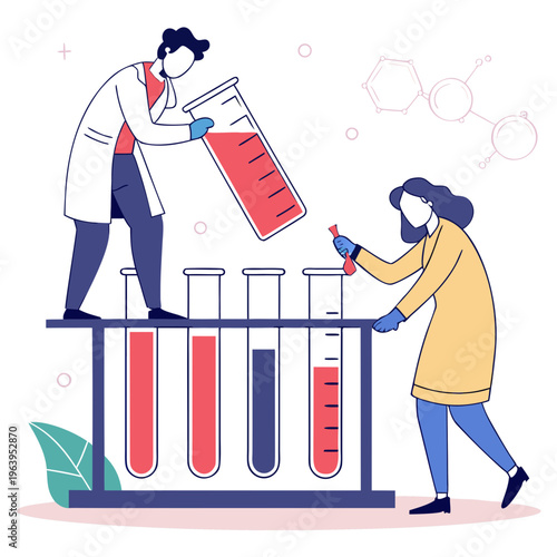 Scientists working with test tubes and flasks in laboratory setting