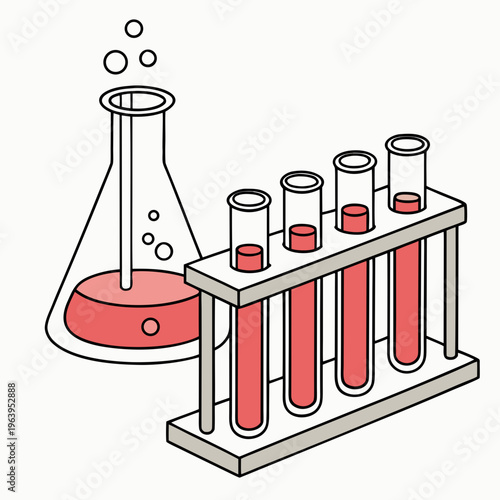 Test tubes in a rack with beaker laboratory science
