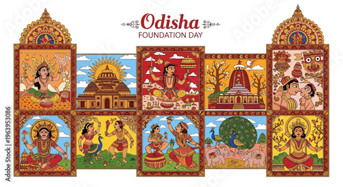 Vector illustrations of Odisha Foundation Day celebrations, featuring traditional Indian artwork and cultural heritage designs on a white background.
