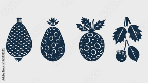 Dark blue vector fruit illustrations with rough edges on a pale gray background