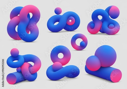 Abstract geometric shapes with intertwined loops and toroidal forms in gradient colors