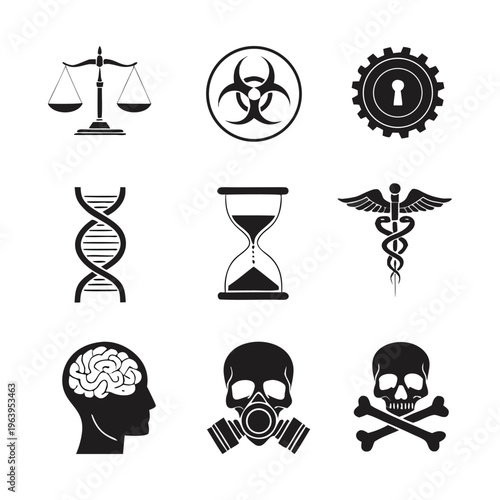 Collection of symbolic icons representing law biology medicine and hazardous materials