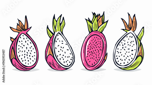 Four halved dragon fruits, shown with white and pink flesh, stylized, outline