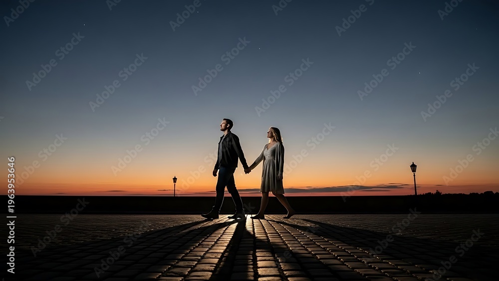 Fototapeta premium Couple holding hands at sunset.