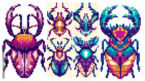 Pixel art of four vibrant beetles displayed side-by-side against a cream background