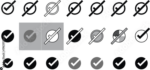 Checkmark and prohibited icons set with approval and rejection symbols, validation interface elements, minimal vector collection design