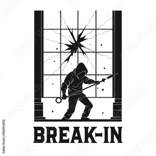 Breaking in to a building, silhouette of a person in a hoodie with a crowbar smashing a window, crime and burglary concept