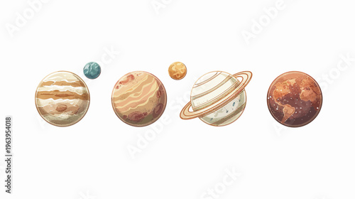 Pixelated row of planets, brown and beige, with small moons, on a white background