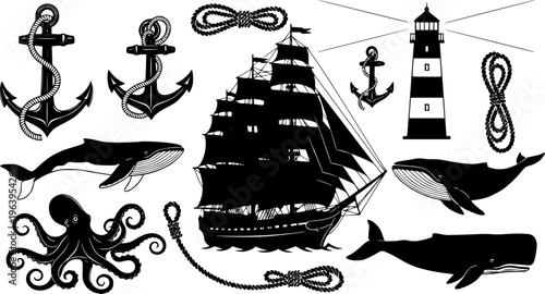Classic nautical elements illustration featuring vintage sailing ships, intricate anchors, detailed lighthouses, a mysterious octopus, majestic whales, and coiled ropes meticulously arranged