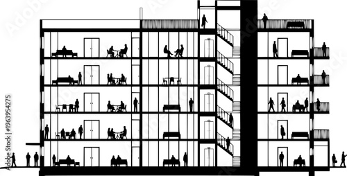 Architectural section drawing of a modern multi story building with people depicted on each floor