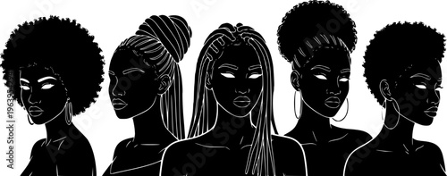Group of African American pretty girls. Female portrait. Black beauty concept. Vector Illustration of Black Woman. Great for avatars. Fashion, beauty