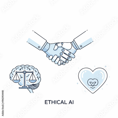 Hands shake with brain and heart symbols for ethical AI agreement