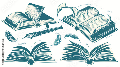 Vector art of books, a pen and feather in blue-green on white, graphic and illustrative