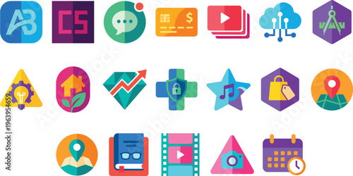 Colorful app icons set with analytics coding chat cloud security music location calendar multimedia flat vector design