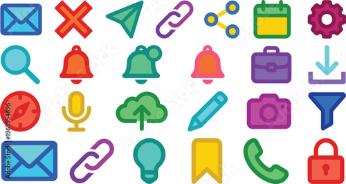 Colorful interface icons set with mail link bell calendar settings camera cloud mic lock symbols flat vector