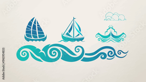 Teal illustration of boats, waves, and clouds on a textured, beige background