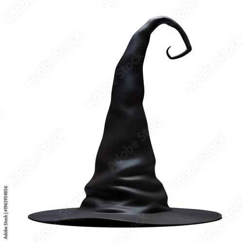 Black witch hat with pointed tip and curled brim on white background  