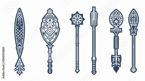 Six dark blue ornate staffs, intricate designs on a white background, fantasy concept art