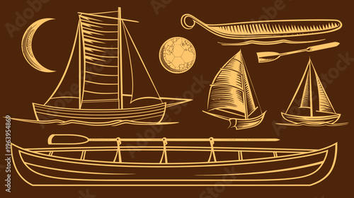 Graphic illustration of sailboats, a rowboat, paddle, and crescent on a brown background