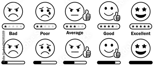 Feedback rating icon set vector. Rating scale icons, smiley feedback, satisfaction rating, review icons, customer rating scale, bad average good excellent emoji indicators. emoticon, vector icons
