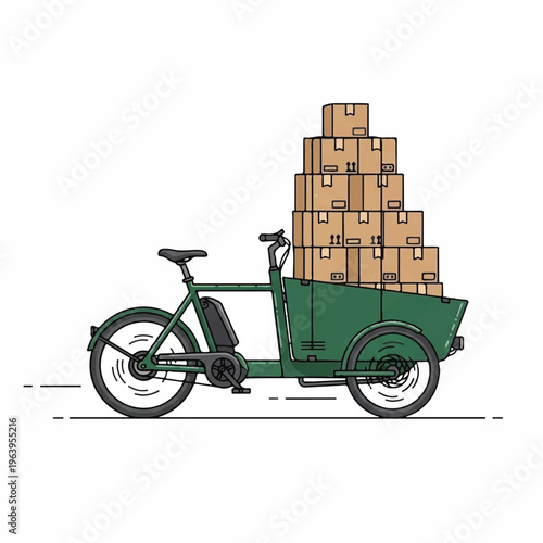 A green tricycle loaded with stacked boxes is parked outdoors.