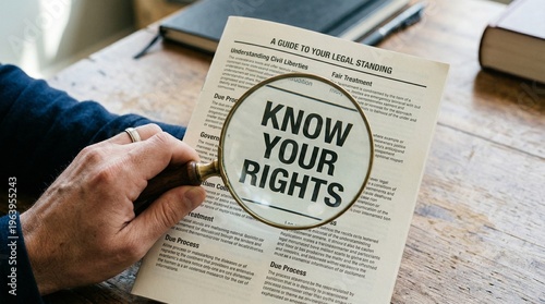 Person at wooden table holding magnifying glass over open book, bold words “Know Your Rights” visible, dark sweater and white shirt, scene emphasizing legal awareness, education, and empowerment.