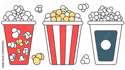 Three buckets of popcorn in various colors and shapes are presented as vectors