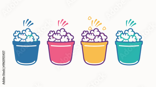 Four containers of popcorn in different colors, each with celebratory accents