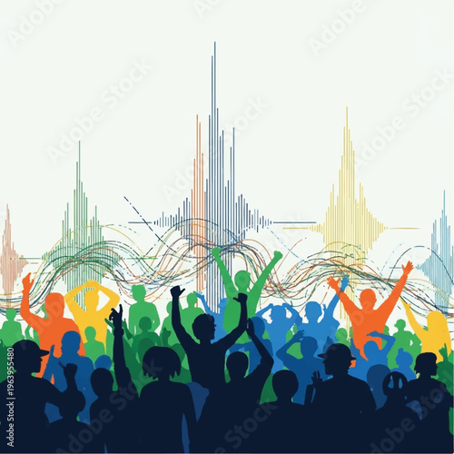 Vibrant crowd celebrates with raised hands in front of colorful cityscape skyline at night