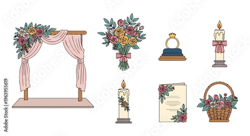 Flat lay illustration of various wedding decorations including a pink arch, floral bouquet, candles, and basket with flowers on a white background.