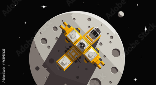a modular yellow spaceship flies over a cratered moon in space perfect for sci-fi and space exploration concepts