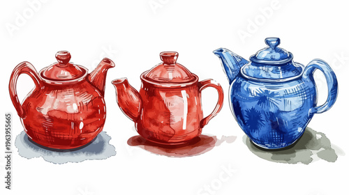 Three watercolor teapots in red and blue stand in a row on a white background